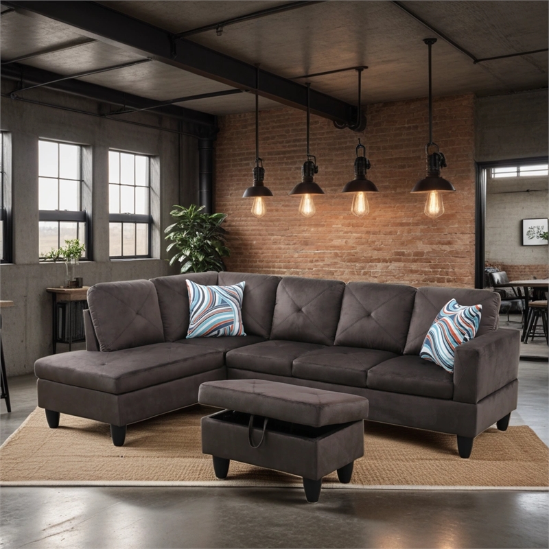 Afuera Living Espresso Flannel 3-Piece Sofa Set with Storage Footstool