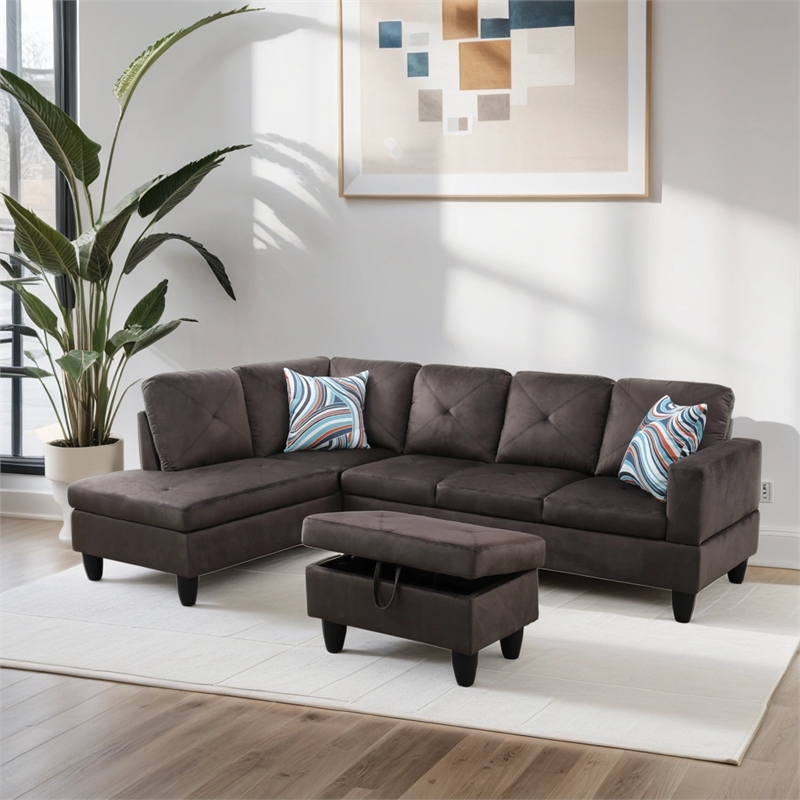 Afuera Living Espresso Flannel 3-Piece Sofa Set with Storage Footstool