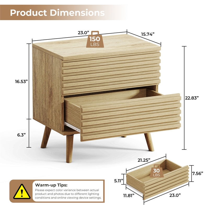 Afuera Living 23-Inch Brown Fluted 2-Drawer Bedside Table Set of 2 75 lbs Top