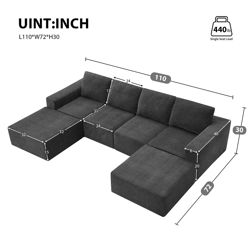Afuera Living Dark Grey Chenille U-Shaped Modular Floor Sofa No Assembly