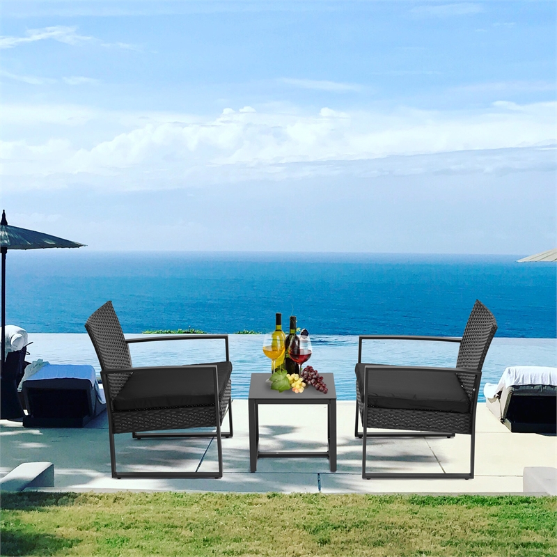 Afuera Living 3-Piece Black PE Wicker Patio Set with Tempered Glass Table