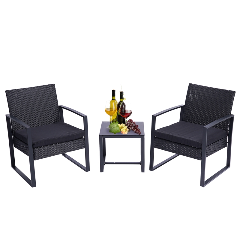 Afuera Living 3-Piece Black PE Wicker Patio Set with Tempered Glass Table