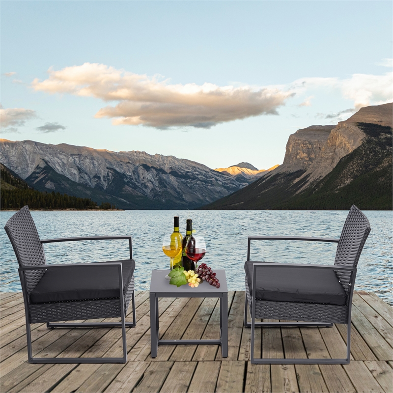 Afuera Living 3-Piece Black PE Wicker Patio Set with Tempered Glass Table