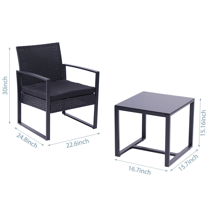 Afuera Living 3-Piece Black PE Wicker Patio Set with Tempered Glass Table