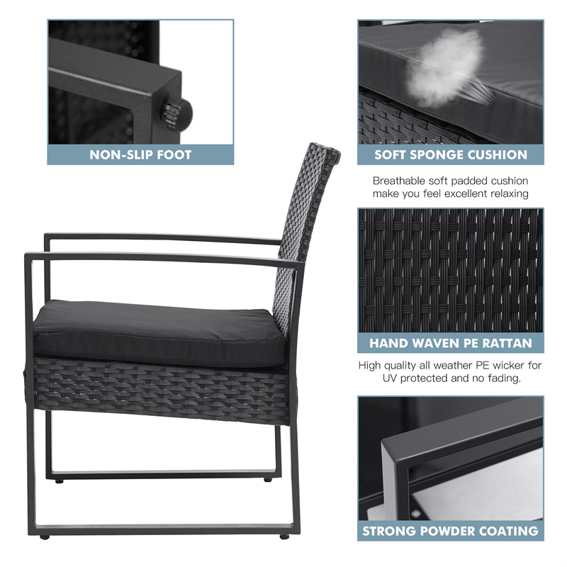 Afuera Living 3-Piece Black PE Wicker Patio Set with Tempered Glass Table