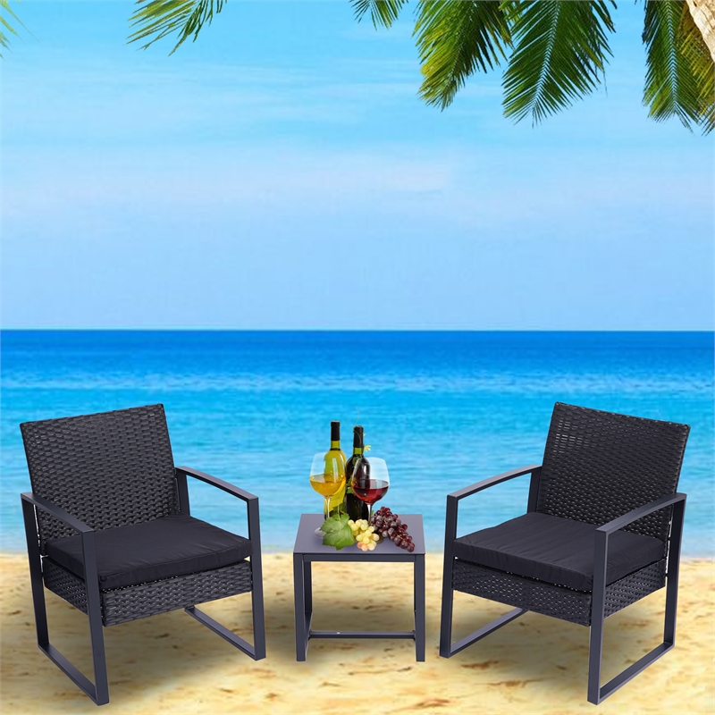 Afuera Living 3-Piece Black PE Wicker Patio Set with Tempered Glass Table