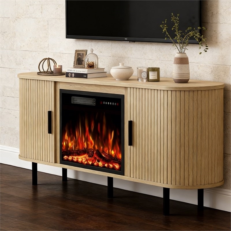Afuera Living 65-Inch Medium Wood Fluted TV Stand with 23-Inch 3D Fireplace