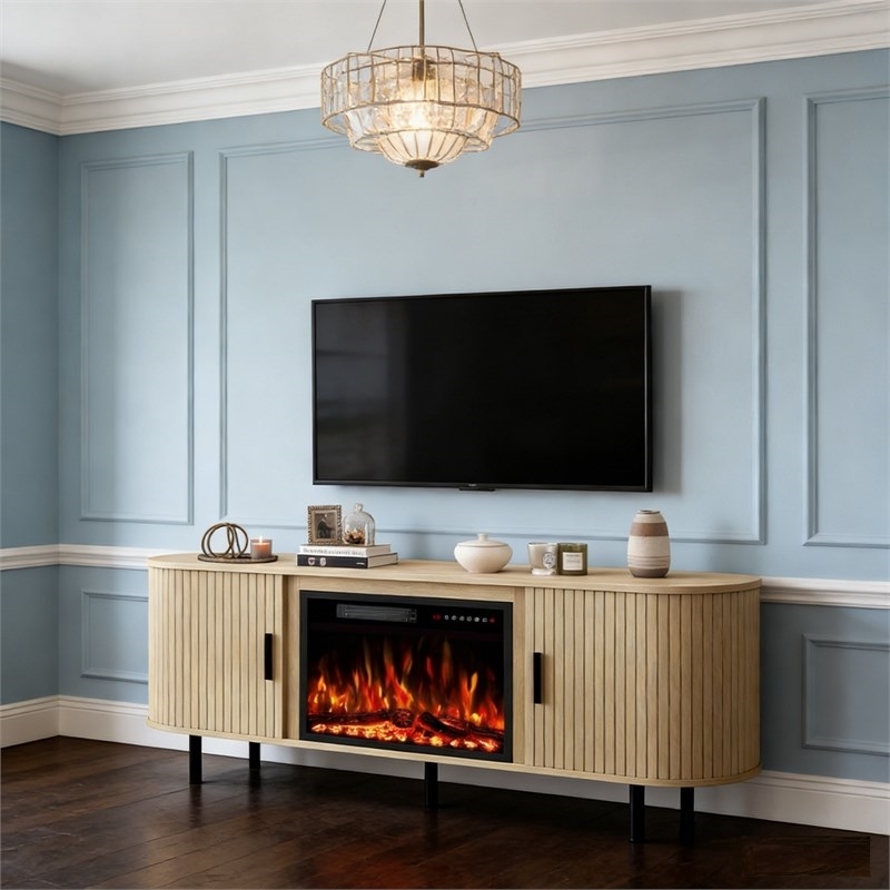 Afuera Living 65-Inch Medium Wood Fluted TV Stand with 23-Inch 3D Fireplace