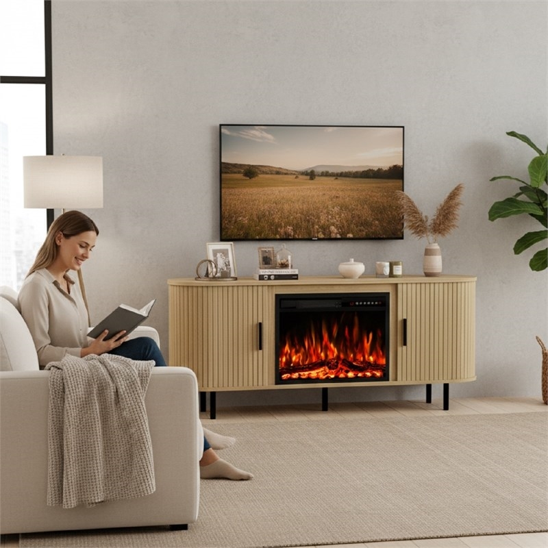 Afuera Living 65-Inch Medium Wood Fluted TV Stand with 23-Inch 3D Fireplace
