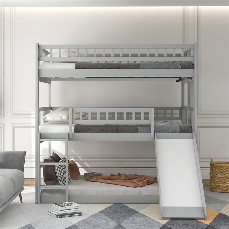 Afuera Living Full-Over-Full-Over-Full Pine Wood Triple Bed with Ladder & Slide