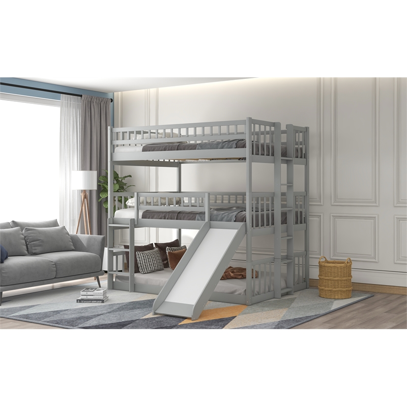 Afuera Living Full-Over-Full-Over-Full Pine Wood Triple Bed with Ladder & Slide