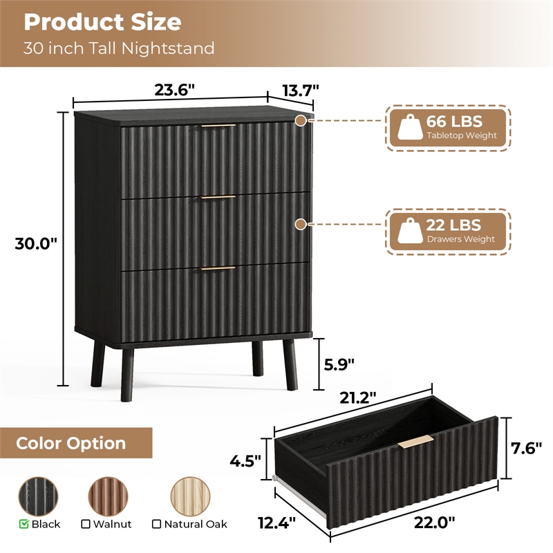 Afuera Living Black Fluted 24-Inch 3-Drawer Nightstand with Rose Gold Handles