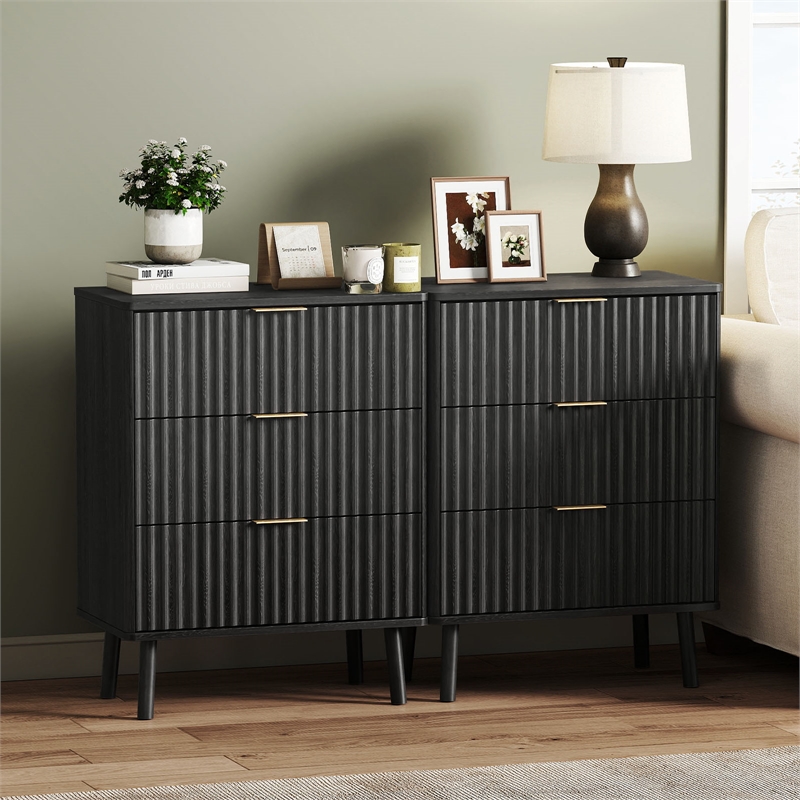 Afuera Living Black Fluted 24-Inch 3-Drawer Nightstand with Rose Gold Handles