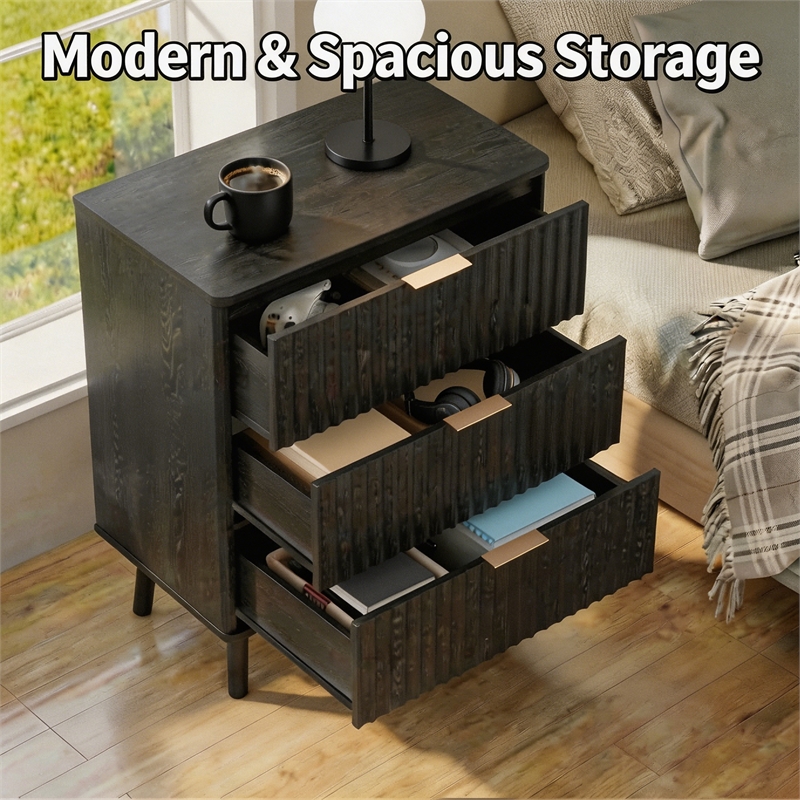 Afuera Living Black Fluted 24-Inch 3-Drawer Nightstand with Rose Gold Handles