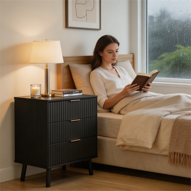 Afuera Living Black Fluted 24-Inch 3-Drawer Nightstand with Rose Gold Handles