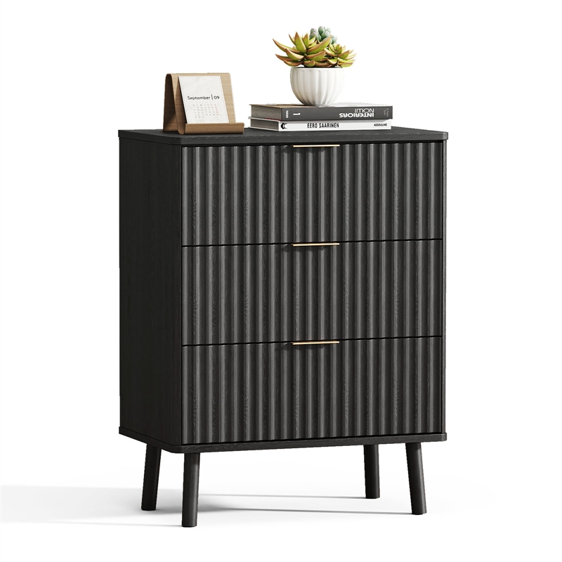 Afuera Living Black Fluted 24-Inch 3-Drawer Nightstand with Rose Gold Handles