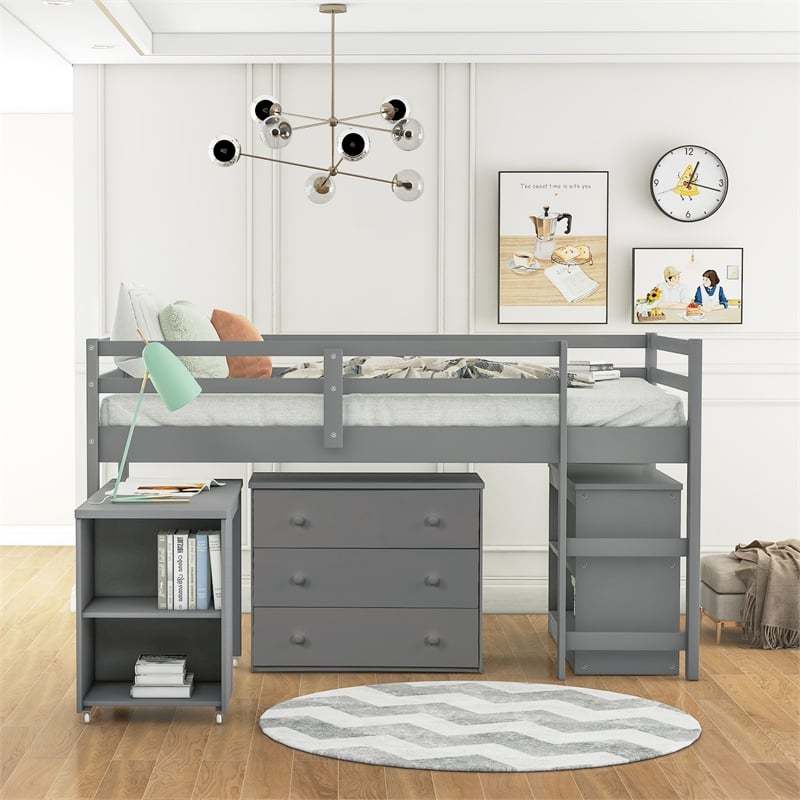 Afuera Living Grey Twin Loft Bed with Cabinet & Rolling Desk & Bookshelf