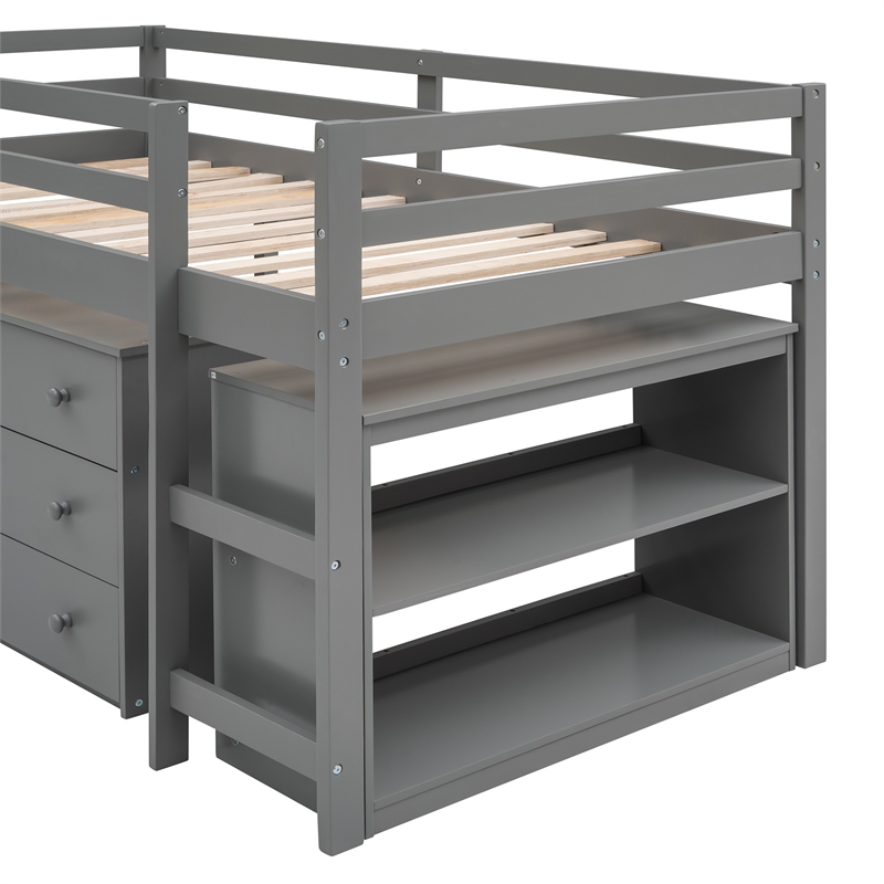 Afuera Living Grey Twin Loft Bed with Cabinet & Rolling Desk & Bookshelf