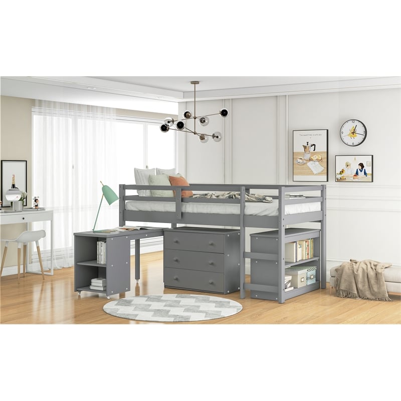 Afuera Living Grey Twin Loft Bed with Cabinet & Rolling Desk & Bookshelf
