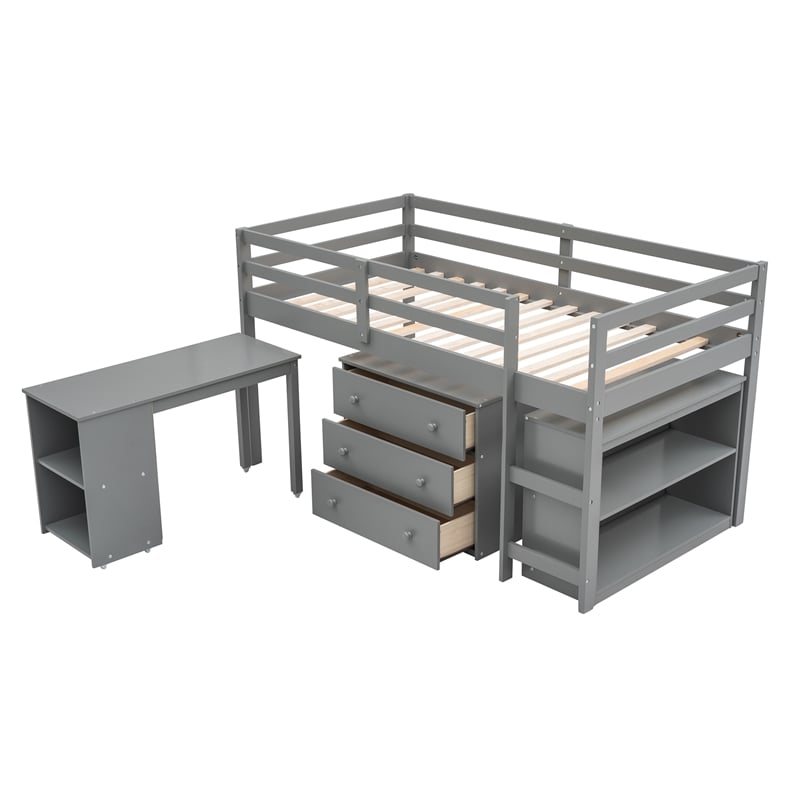 Afuera Living Grey Twin Loft Bed with Cabinet & Rolling Desk & Bookshelf