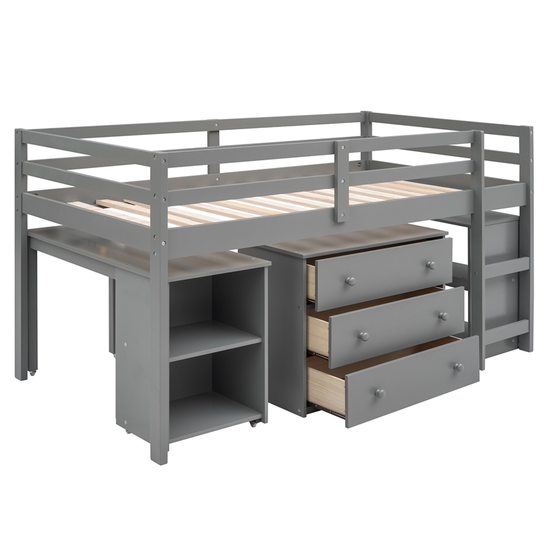 Afuera Living Grey Twin Loft Bed with Cabinet & Rolling Desk & Bookshelf