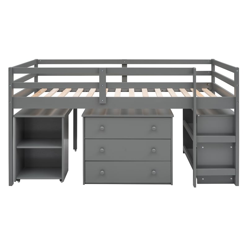 Afuera Living Grey Twin Loft Bed with Cabinet & Rolling Desk & Bookshelf