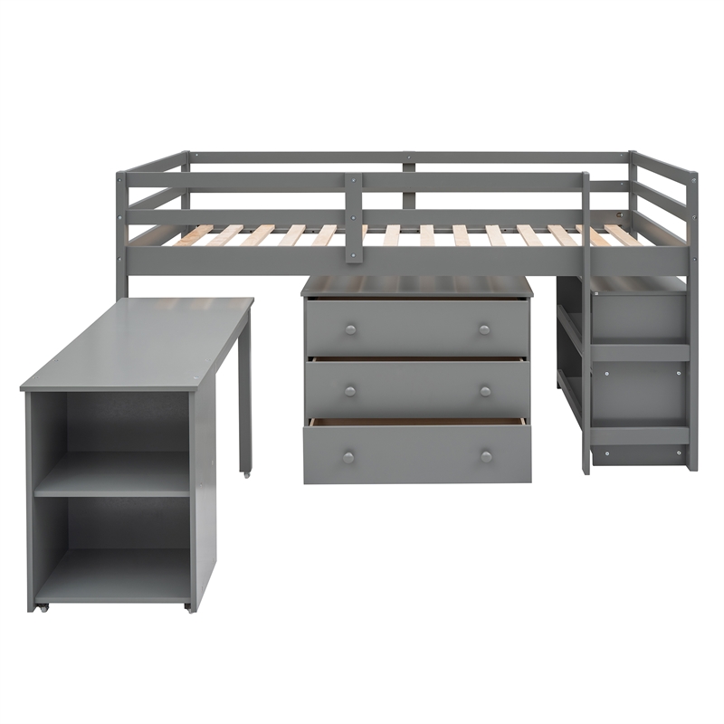 Afuera Living Grey Twin Loft Bed with Cabinet & Rolling Desk & Bookshelf