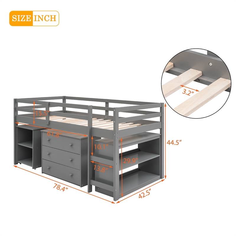 Afuera Living Grey Twin Loft Bed with Cabinet & Rolling Desk & Bookshelf