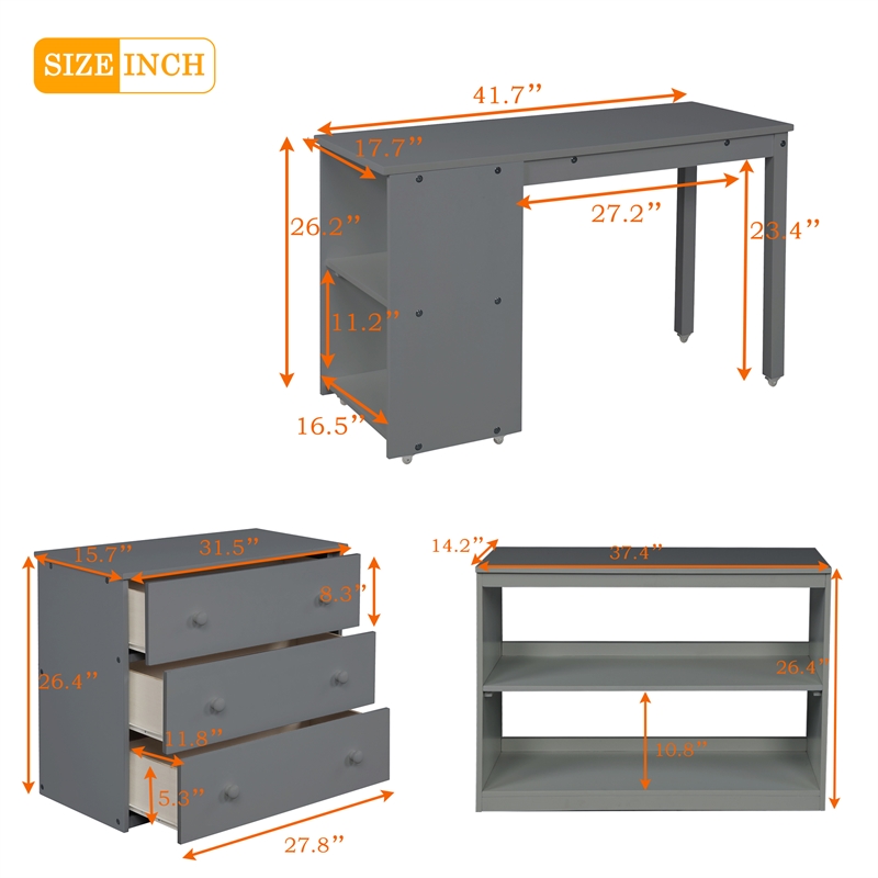Afuera Living Grey Twin Loft Bed with Cabinet & Rolling Desk & Bookshelf