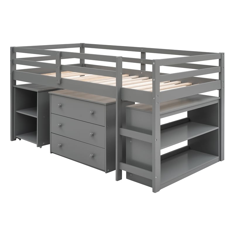 Afuera Living Grey Twin Loft Bed with Cabinet & Rolling Desk & Bookshelf