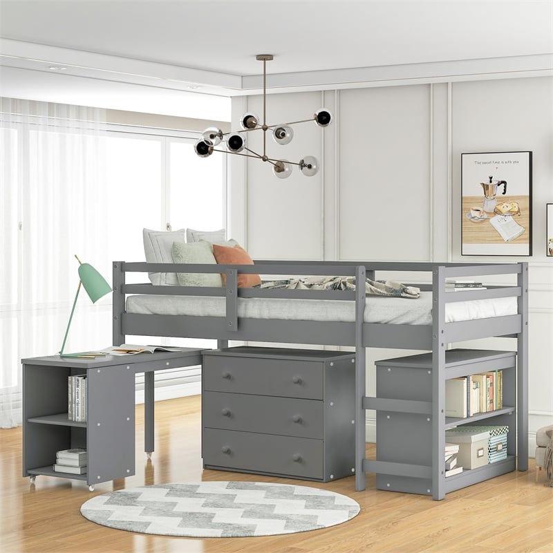Afuera Living Grey Twin Loft Bed with Cabinet & Rolling Desk & Bookshelf