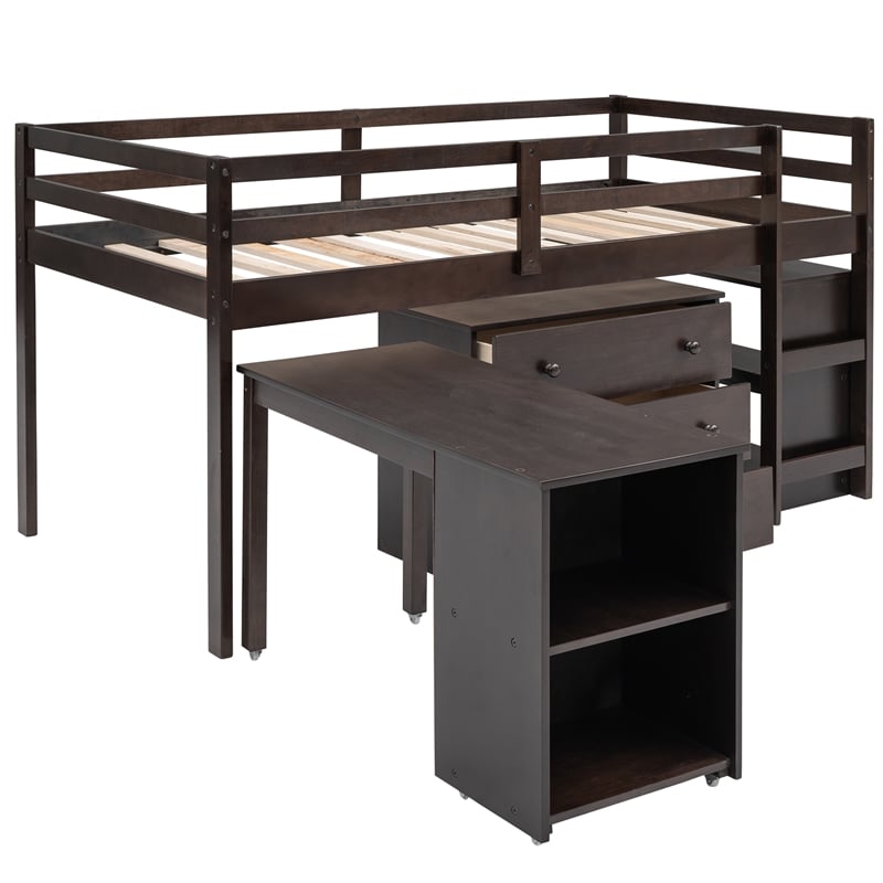 Afuera Living Low Twin Loft Bed with Cabinet and Rolling Portable Desk
