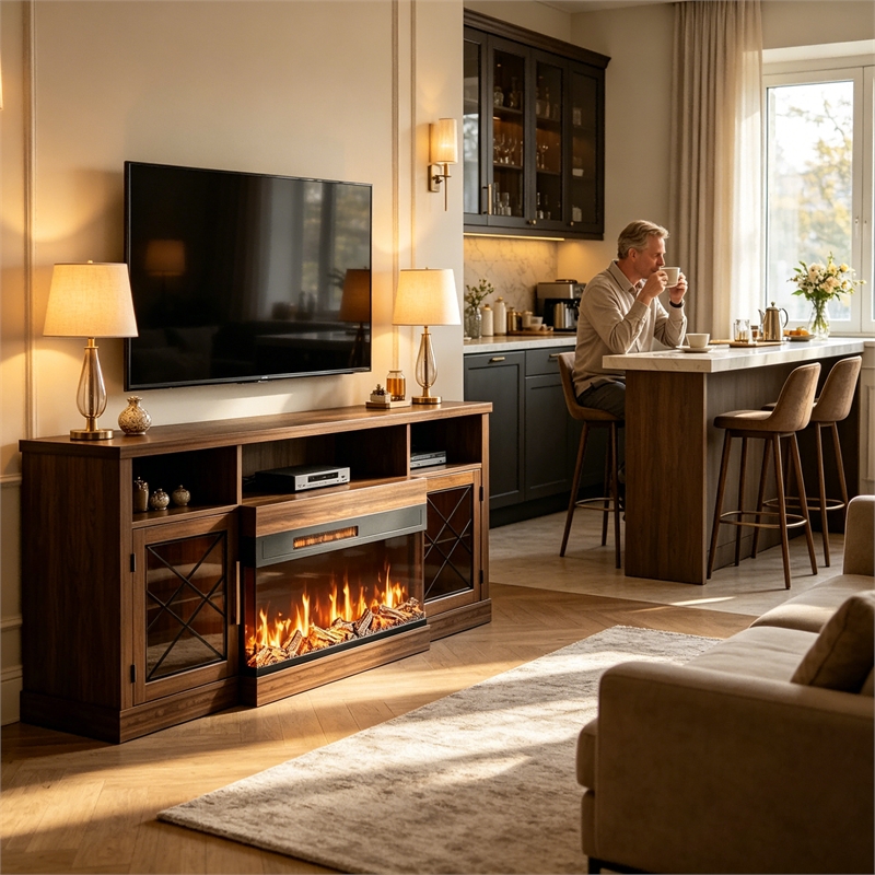 Afuera Living 65-Inch Brown TV Stand with 30-Inch 3-Sided Glass Fireplace