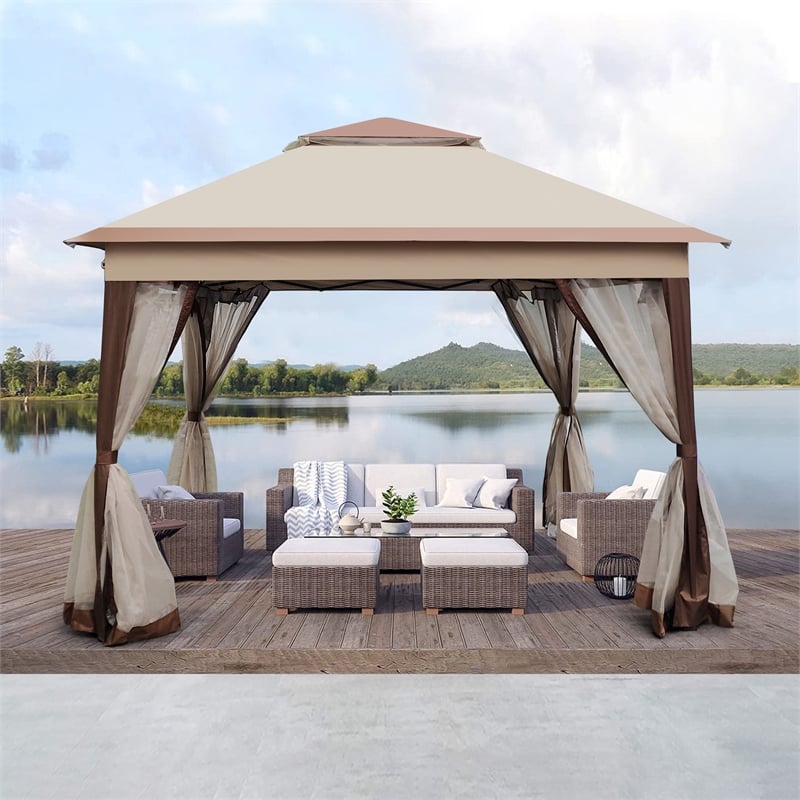 Afuera Living Outdoor Pop-Up Pavilion Canopy with Detachable Mesh in Coffee