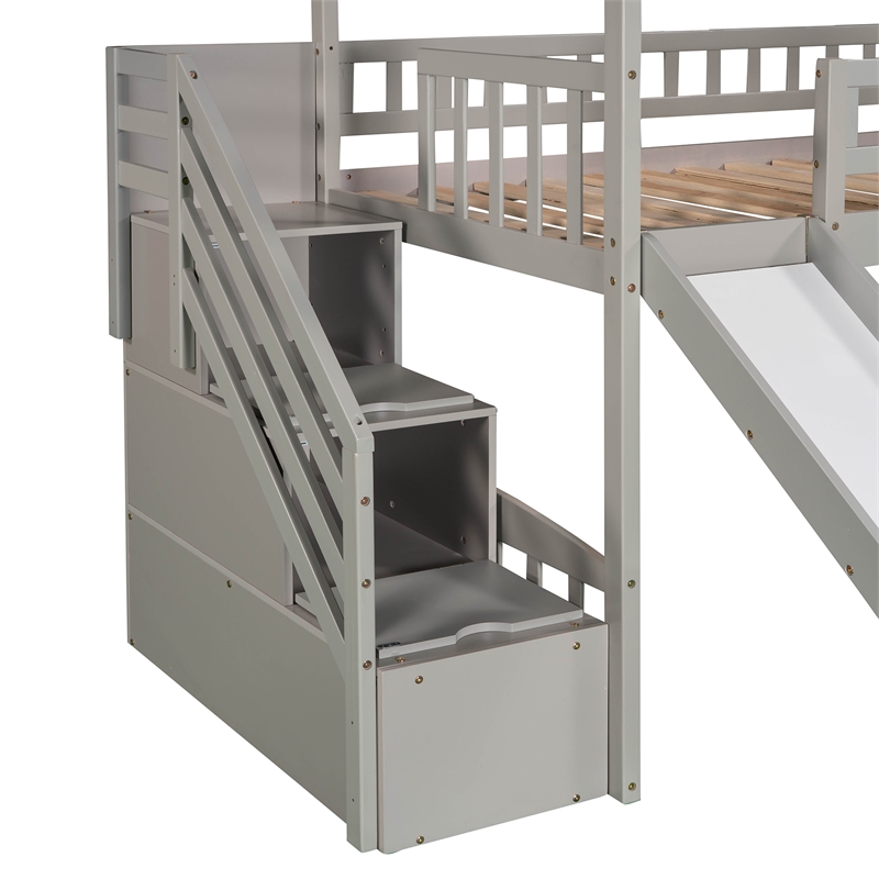 Afuera Living Gray Twin Loft Bed with 2 Drawers & Slide & Playhouse Design