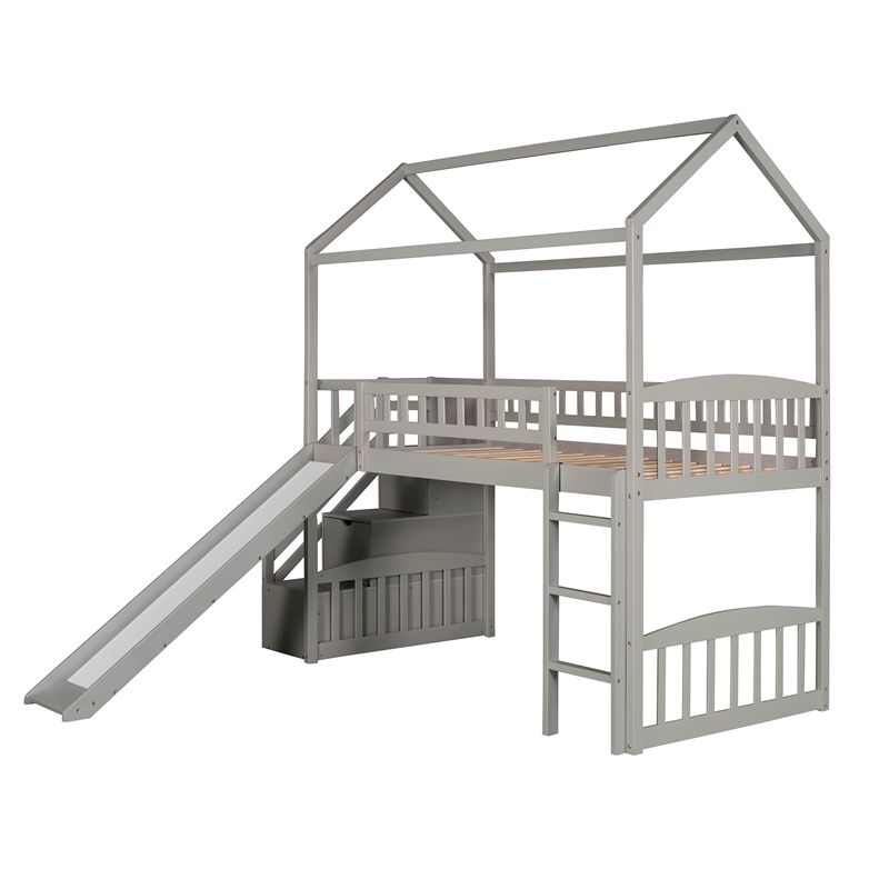 Afuera Living Gray Twin Loft Bed with 2 Drawers & Slide & Playhouse Design