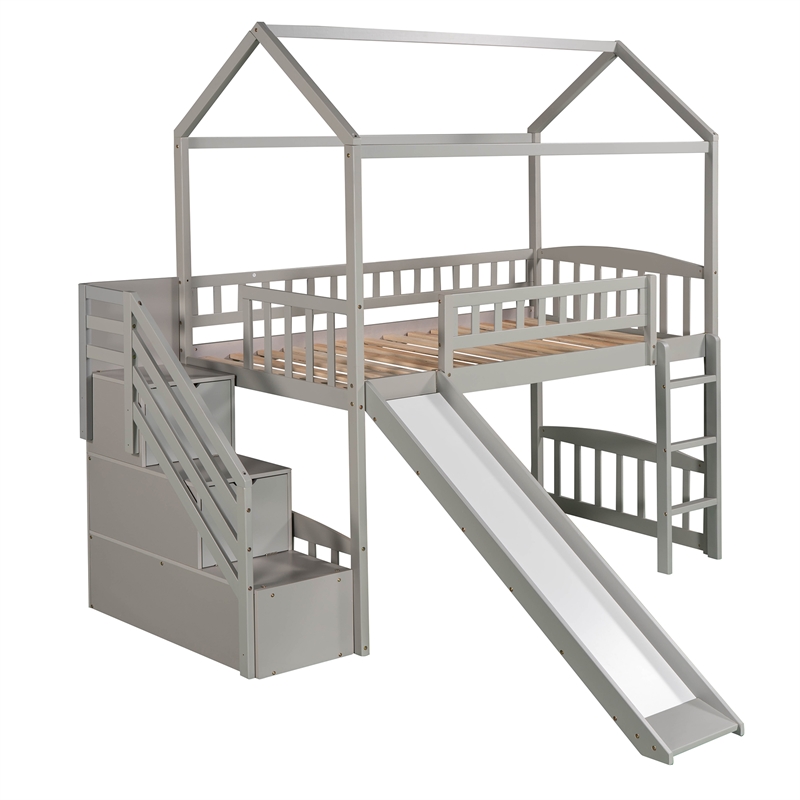 Afuera Living Gray Twin Loft Bed with 2 Drawers & Slide & Playhouse Design