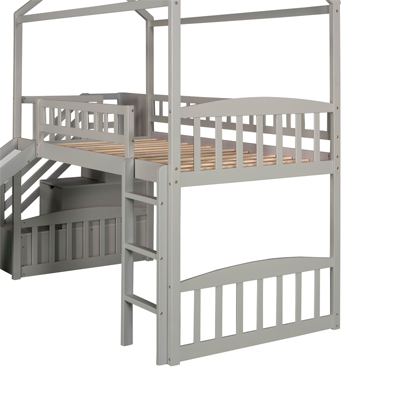 Afuera Living Gray Twin Loft Bed with 2 Drawers & Slide & Playhouse Design