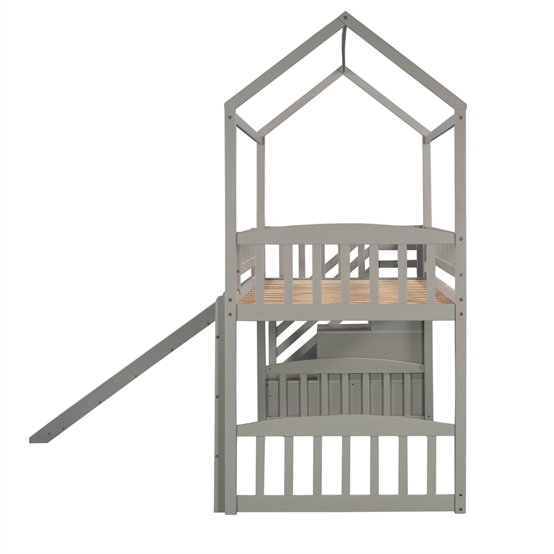 Afuera Living Gray Twin Loft Bed with 2 Drawers & Slide & Playhouse Design