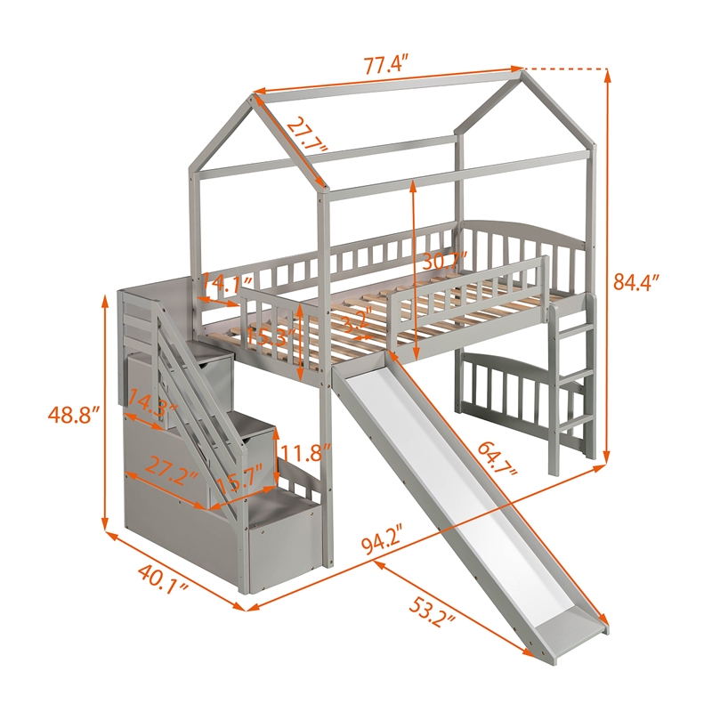 Afuera Living Gray Twin Loft Bed with 2 Drawers & Slide & Playhouse Design