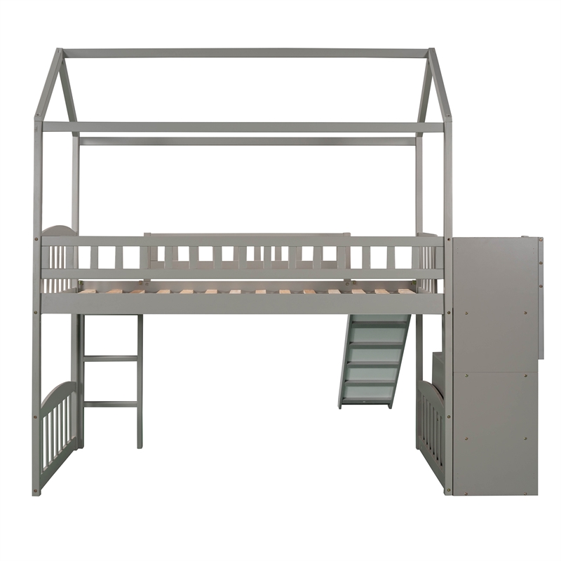Afuera Living Gray Twin Loft Bed with 2 Drawers & Slide & Playhouse Design