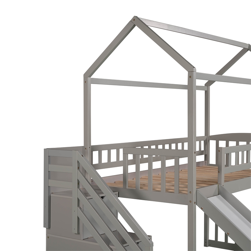 Afuera Living Gray Twin Loft Bed with 2 Drawers & Slide & Playhouse Design