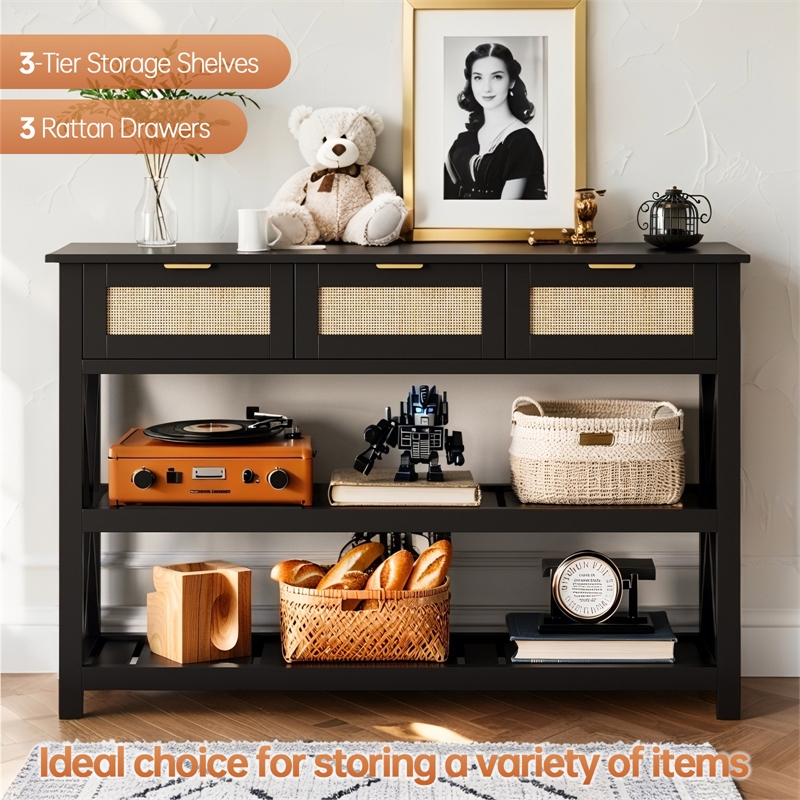 Afuera Living 47-Inch Black Entryway Console Table with Rattan Drawers