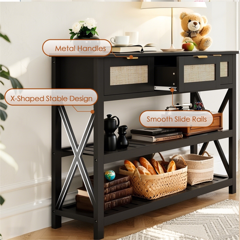 Afuera Living 47-Inch Black Entryway Console Table with Rattan Drawers