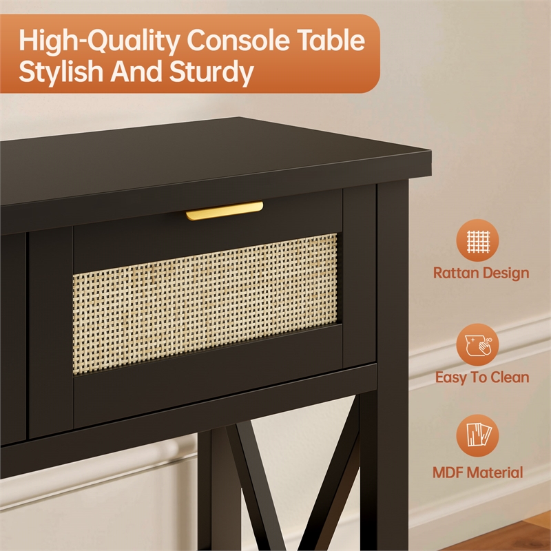 Afuera Living 47-Inch Black Entryway Console Table with Rattan Drawers