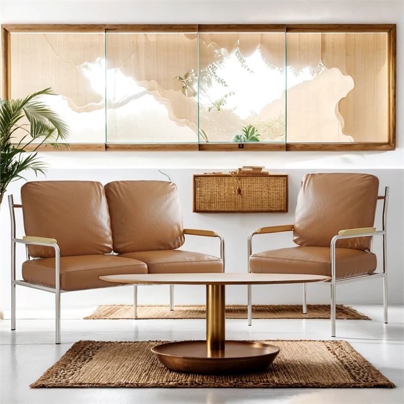 Afuera Living 2-Piece Brown Faux Leather Sofa Set with Stainless Steel Frame