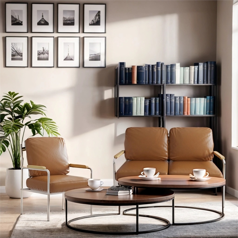 Afuera Living 2-Piece Brown Faux Leather Sofa Set with Stainless Steel Frame