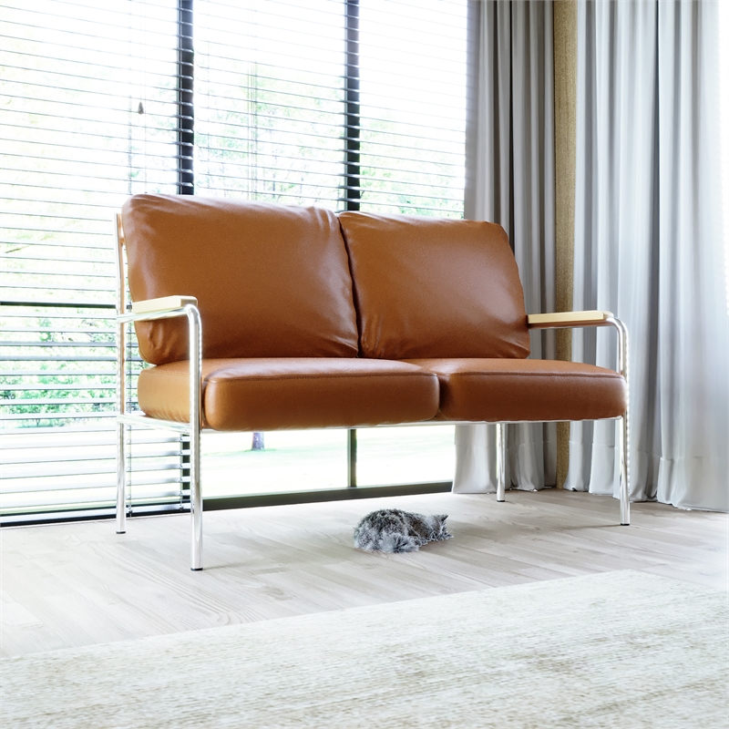 Afuera Living 2-Piece Brown Faux Leather Sofa Set with Stainless Steel Frame