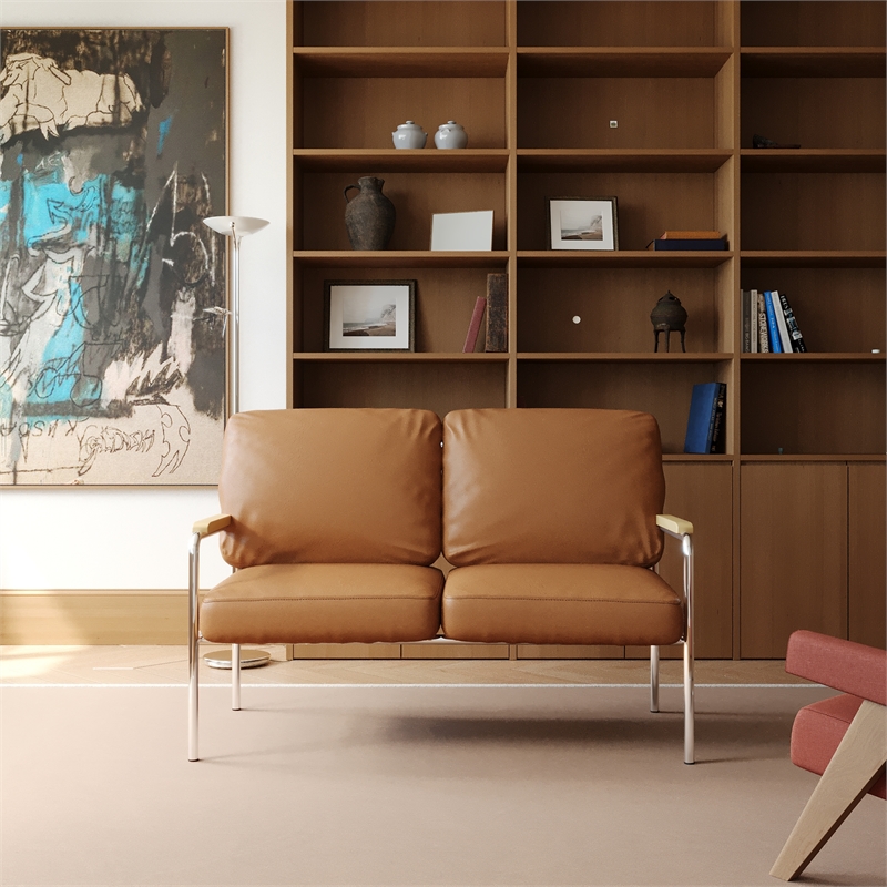 Afuera Living 2-Piece Brown Faux Leather Sofa Set with Stainless Steel Frame
