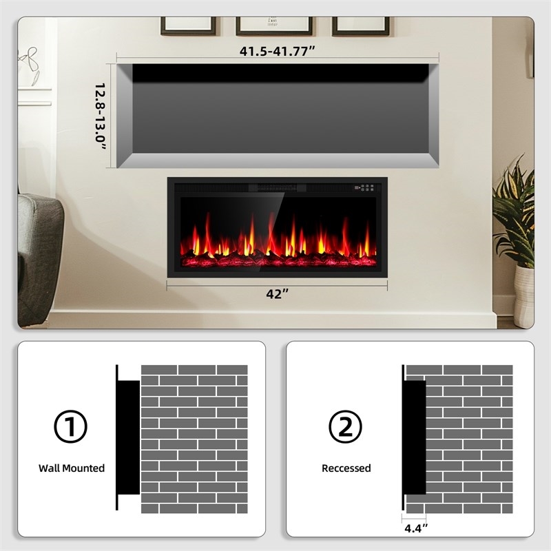 Afuera Living 42-Inch Black Recessed or Wall Mount Electric Fireplace